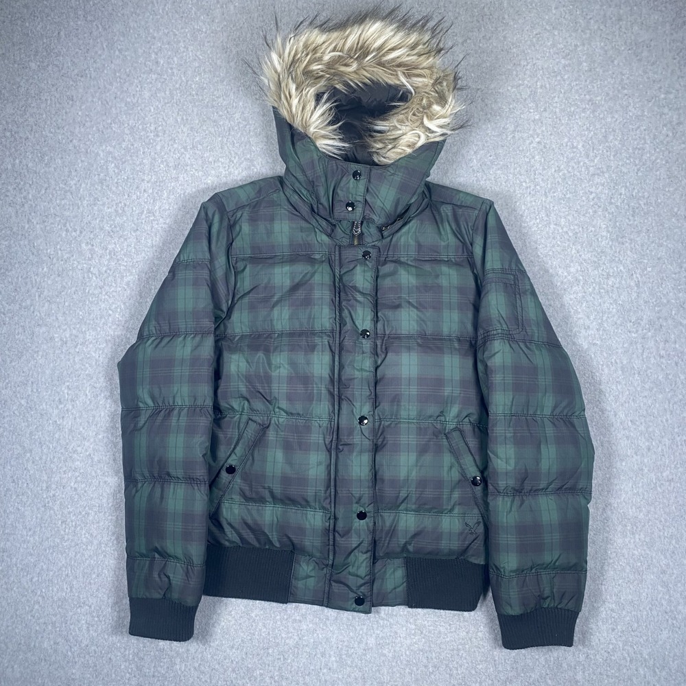Vintage American Eagle Puffer Jacket Womens Large Green Black Plaid Fur Hood Y2K
